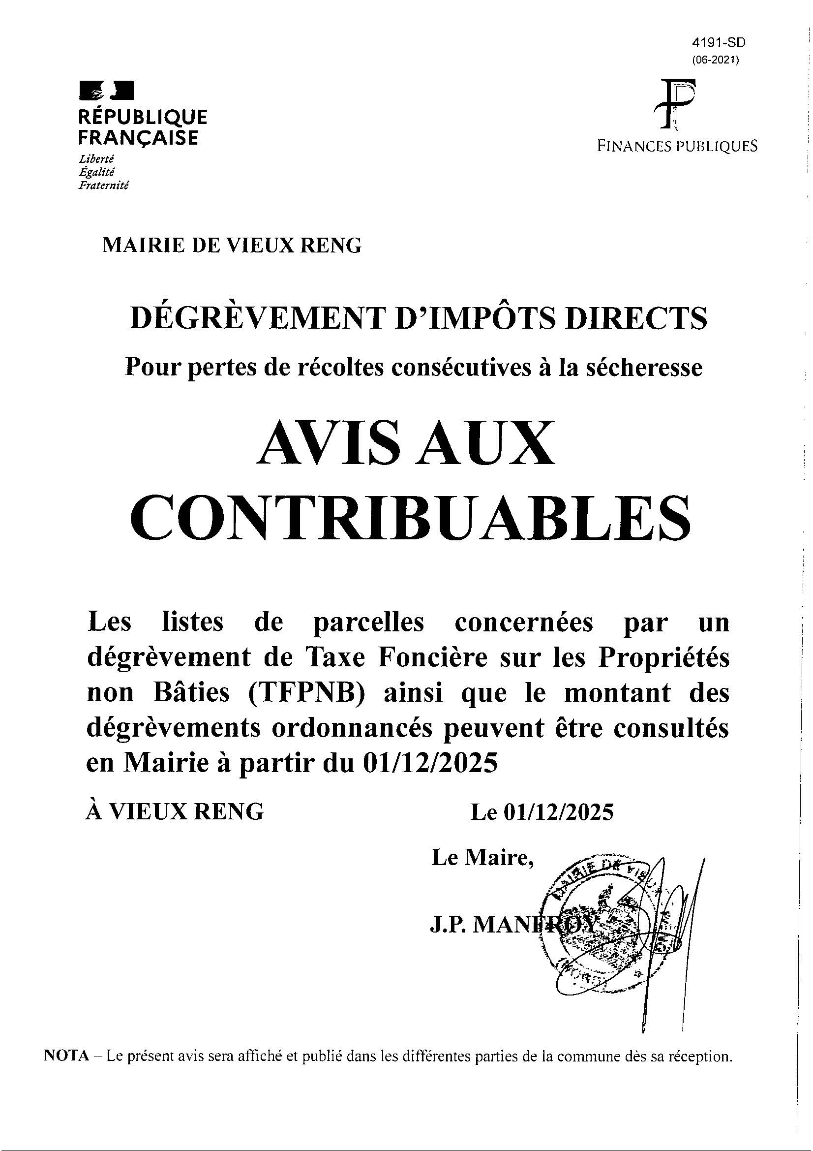 avis aux contribuables secheresse 2025